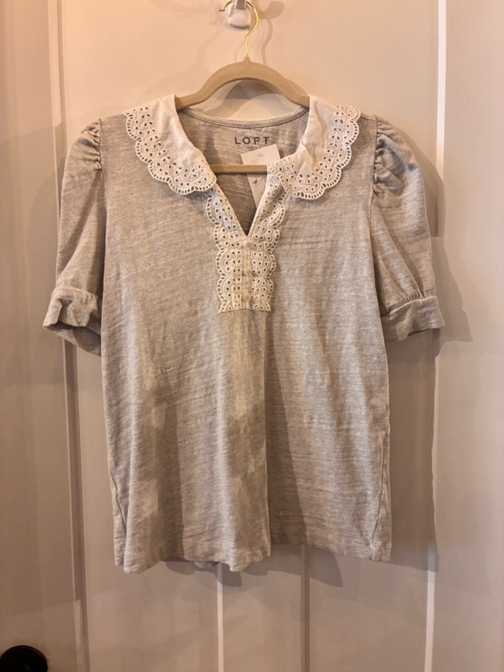 LOFT Gray Eyelet Collar Short Sleeve Blouse
